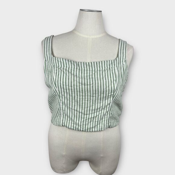 Abercrombie & Fitch White Green Striped Linen Blend Croped Smocked Tank Top XXL - Picture 1 of 6